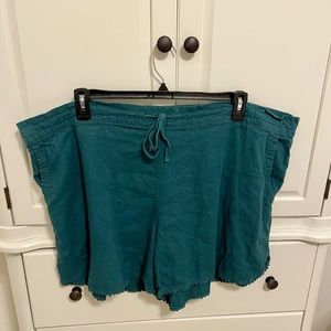 Teal blue linen blend ruffle edge pull on shorts—Terra & Sky